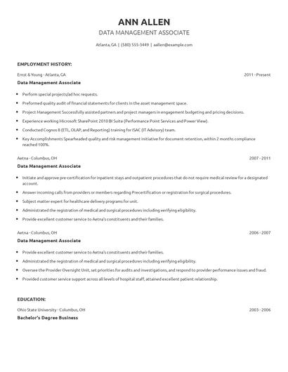 Data Management Associate Resume