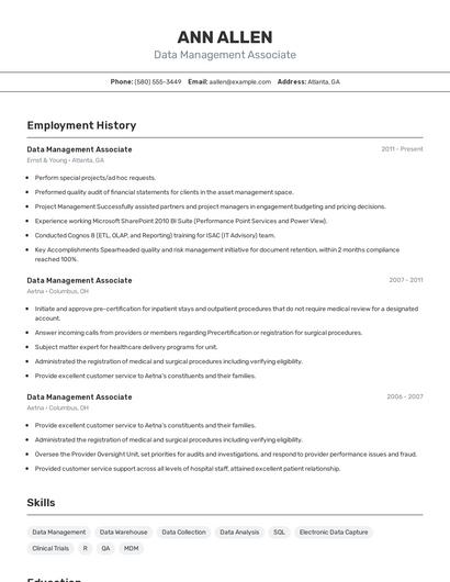 Data Management Associate Resume
