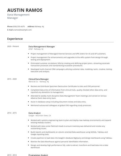 Data Management Manager Resume