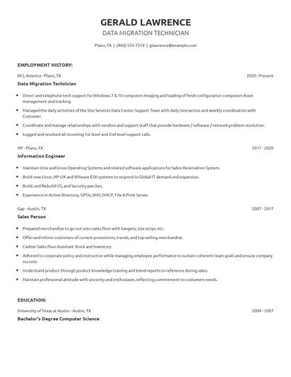 Data Migration Technician Resume