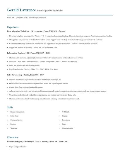Data Migration Technician Resume