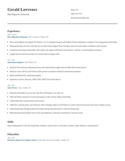 Data Migration Technician Resume