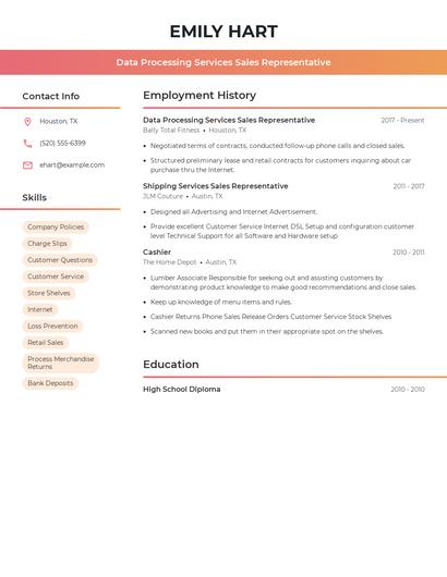 Data Processing Services Sales Representative Resume