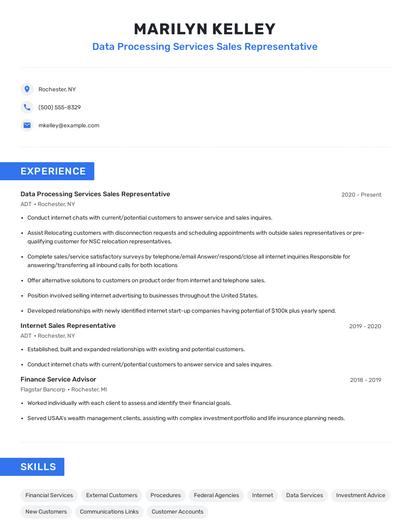 Data Processing Services Sales Representative Resume