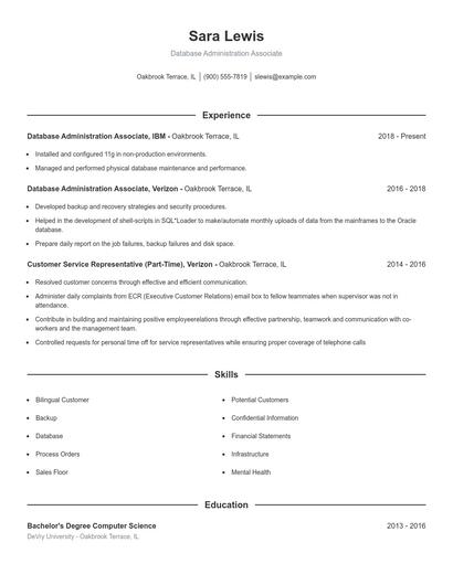 Database Administration Associate Resume