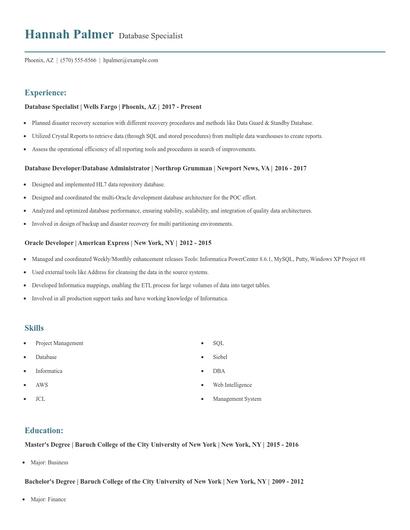 Database Specialist Resume