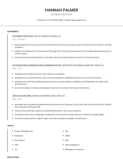 Database Specialist Resume