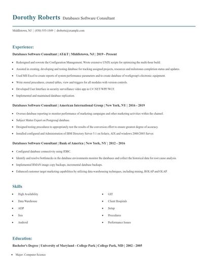 Databases Software Consultant Resume