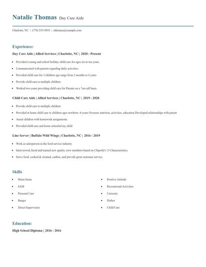 Day Care Aide Resume
