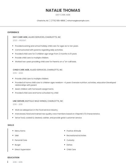 Day Care Aide Resume
