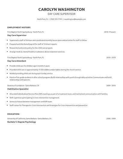 Day Care Supervisor Resume