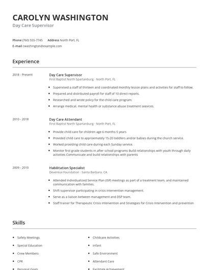 Day Care Supervisor Resume