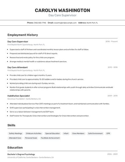 Day Care Supervisor Resume