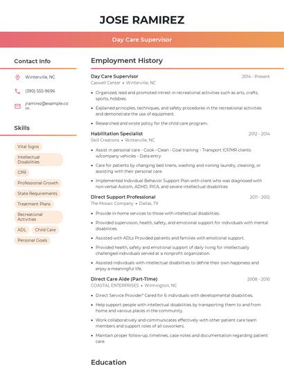 Day Care Supervisor Resume