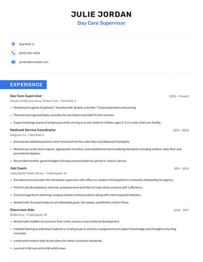 Day Care Supervisor Resume