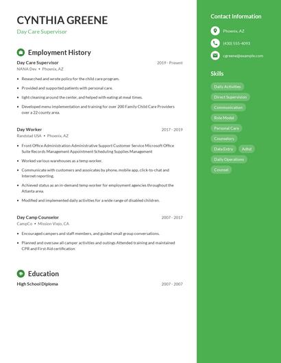 Day Care Supervisor Resume