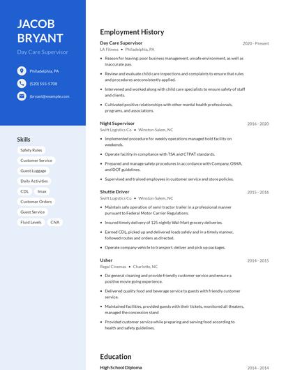 Day Care Supervisor Resume