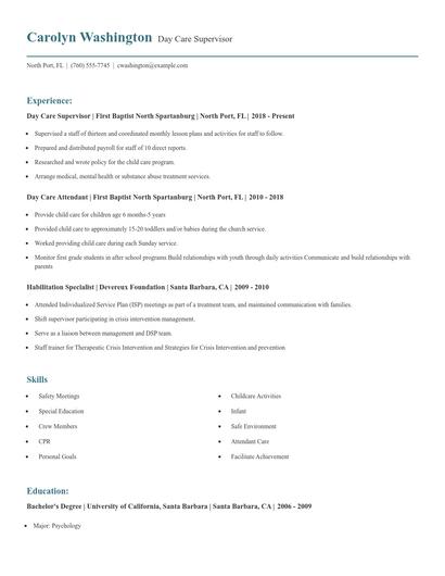 Day Care Supervisor Resume