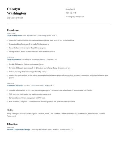 Day Care Supervisor Resume