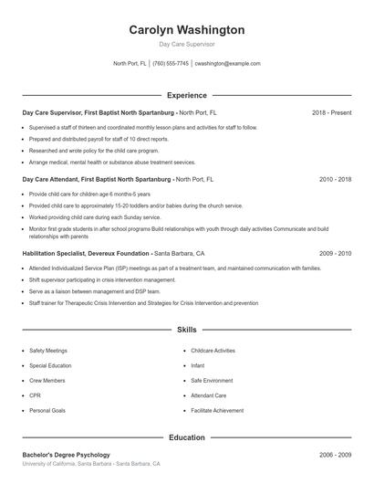 Day Care Supervisor Resume