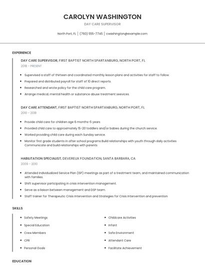 Day Care Supervisor Resume