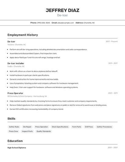 De-Icer Resume