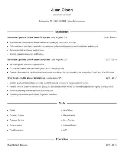 De-Ionizer Operator Resume