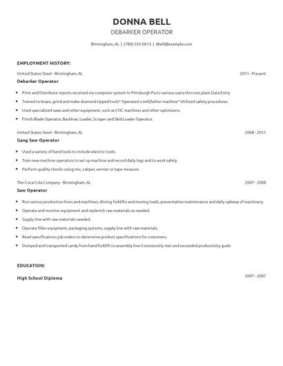 Debarker Operator Resume