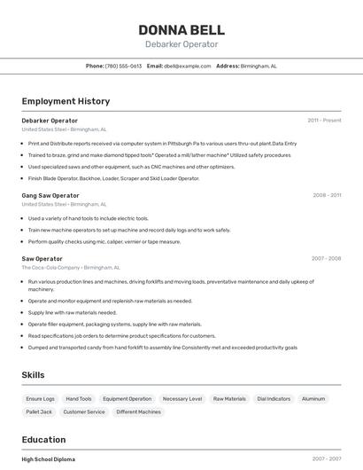 Debarker Operator Resume