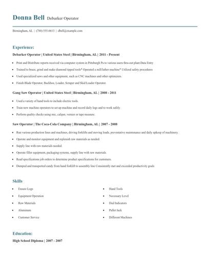 Debarker Operator Resume