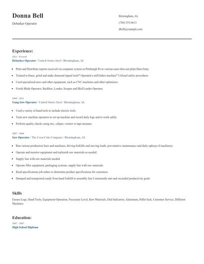 Debarker Operator Resume
