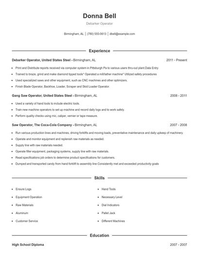 Debarker Operator Resume