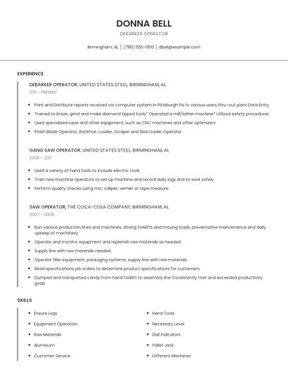 Debarker Operator Resume