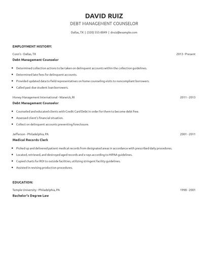 Debt Management Counselor Resume