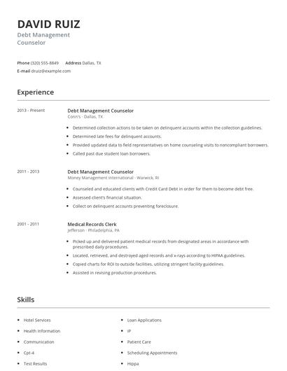 Debt Management Counselor Resume
