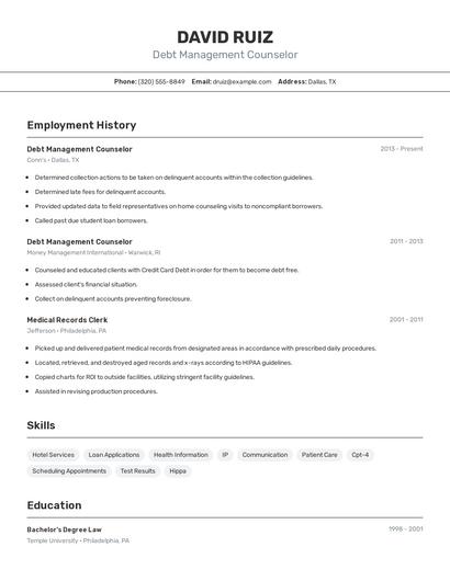 Debt Management Counselor Resume