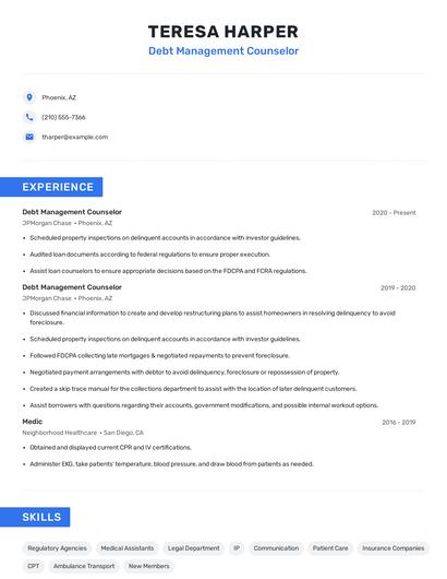 Debt Management Counselor Resume