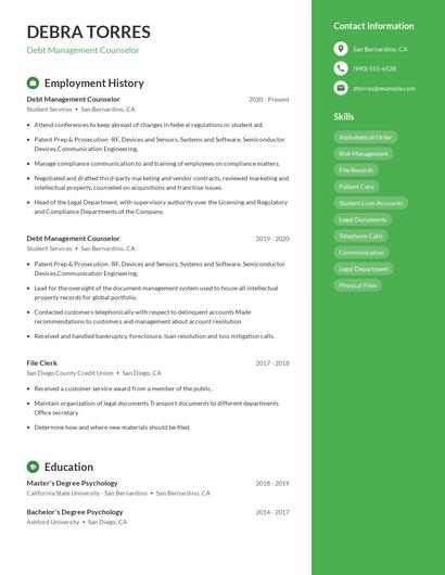 Debt Management Counselor Resume