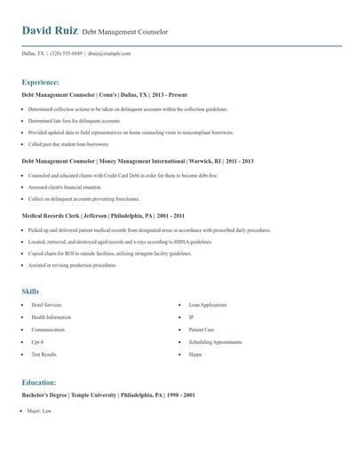 Debt Management Counselor Resume