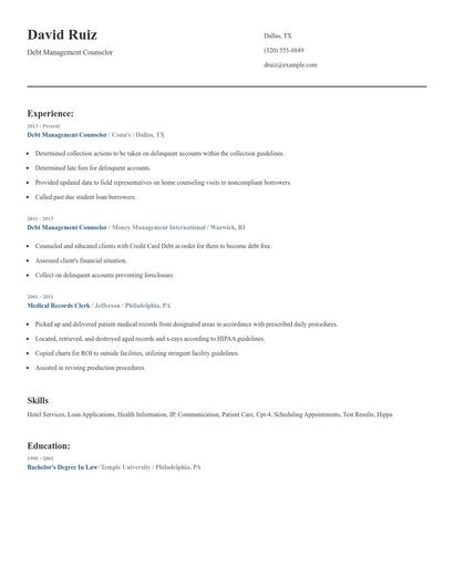 Debt Management Counselor Resume