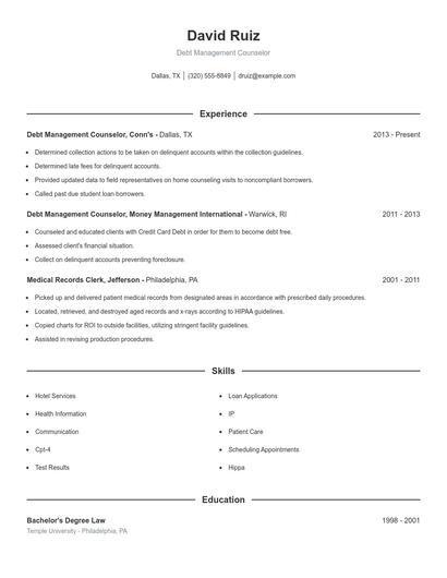 Debt Management Counselor Resume