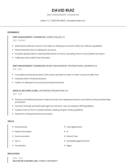 Debt Management Counselor Resume