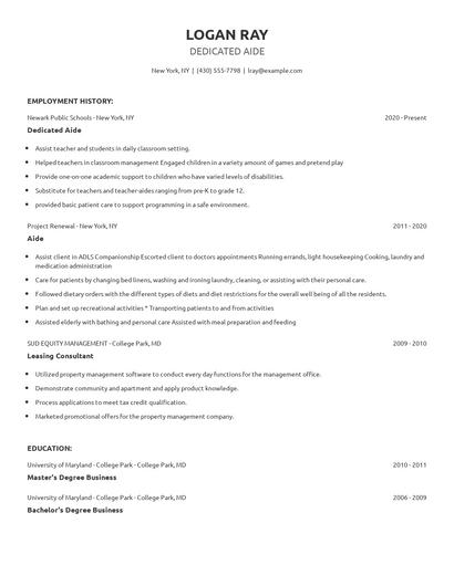 Dedicated Aide Resume