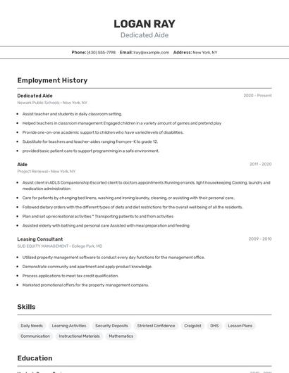 Dedicated Aide Resume