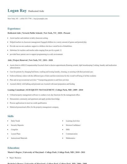 Dedicated Aide Resume