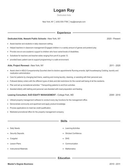 Dedicated Aide Resume