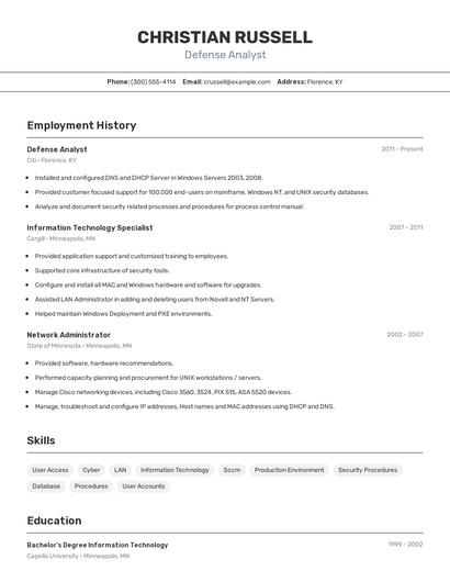 Defense Analyst Resume