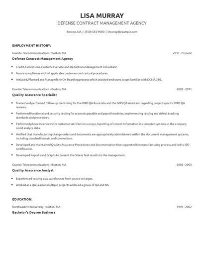 Defense Contract Management Agency Resume