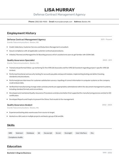 Defense Contract Management Agency Resume