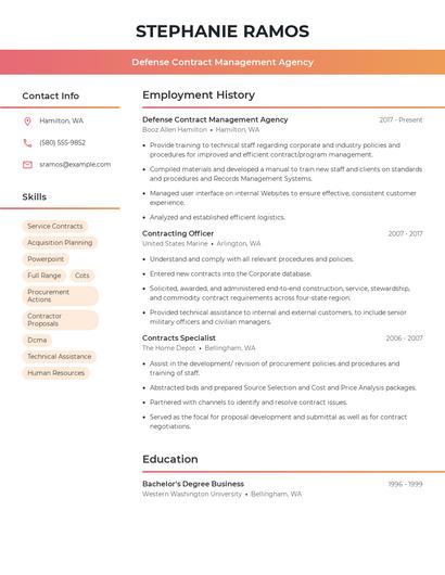 Defense Contract Management Agency Resume